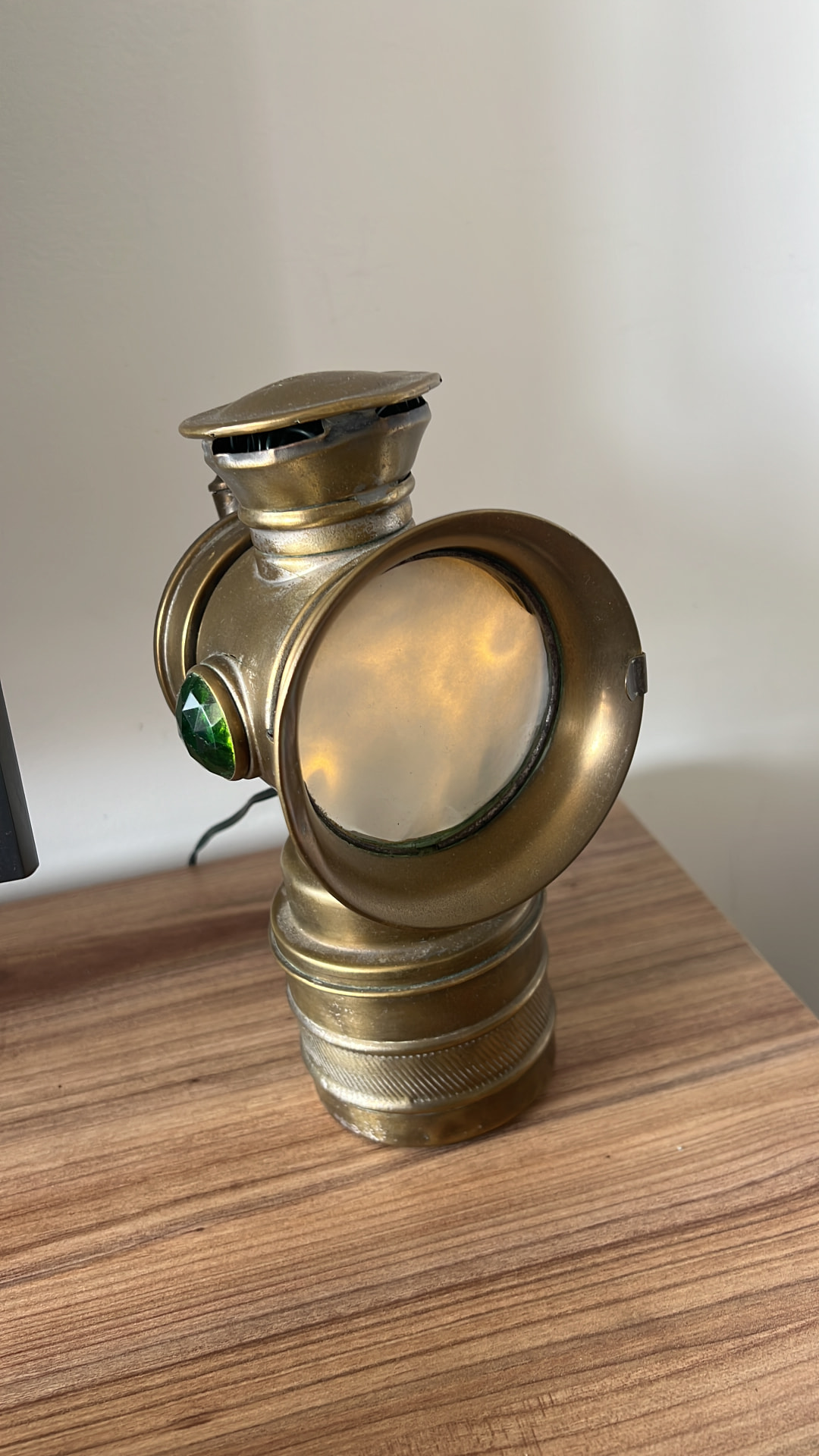 Lamp 04, Restored brass carriage lantern, green glass jewel, electric conversion