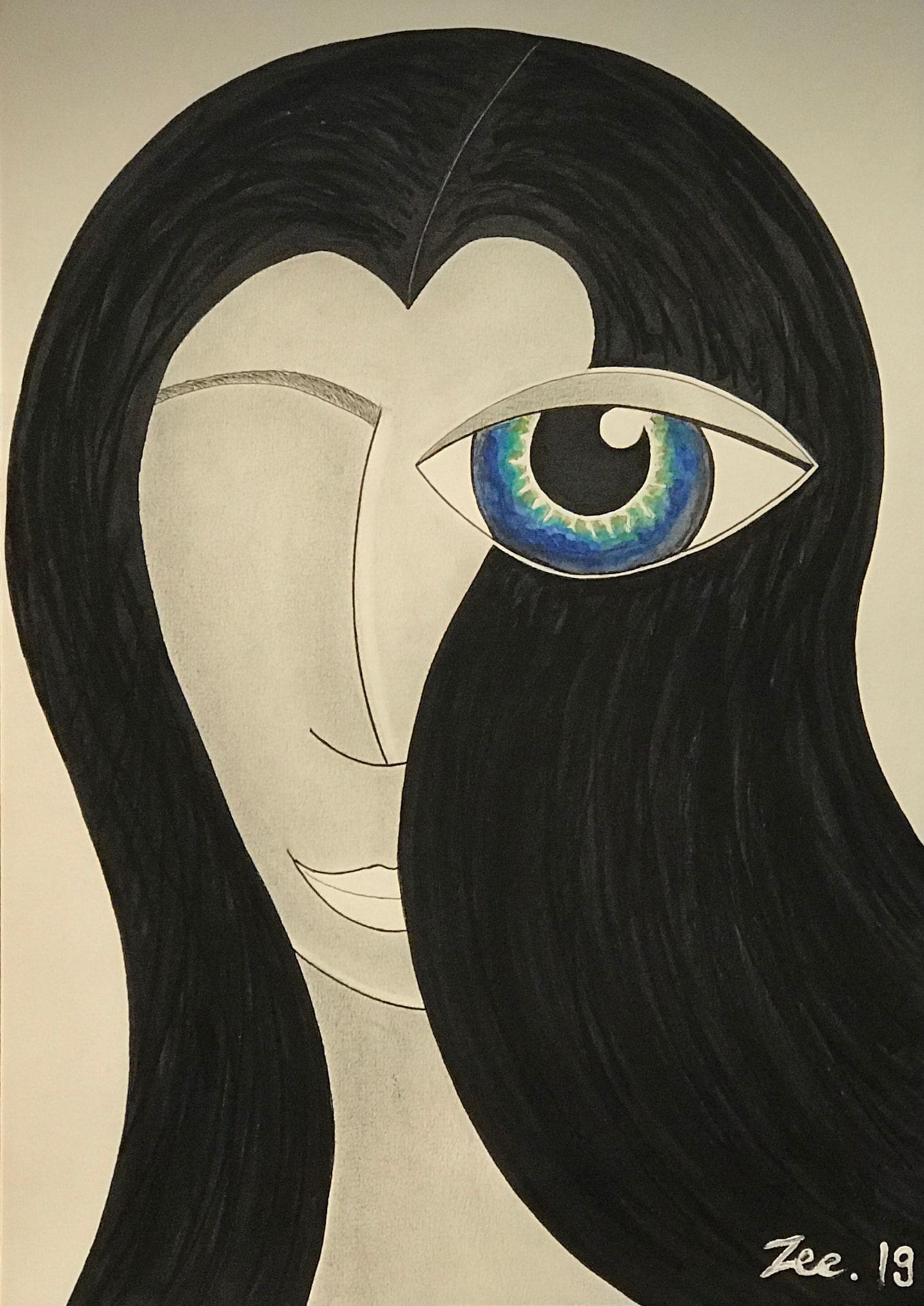 Blue Iris, Ink and watercolour on paper