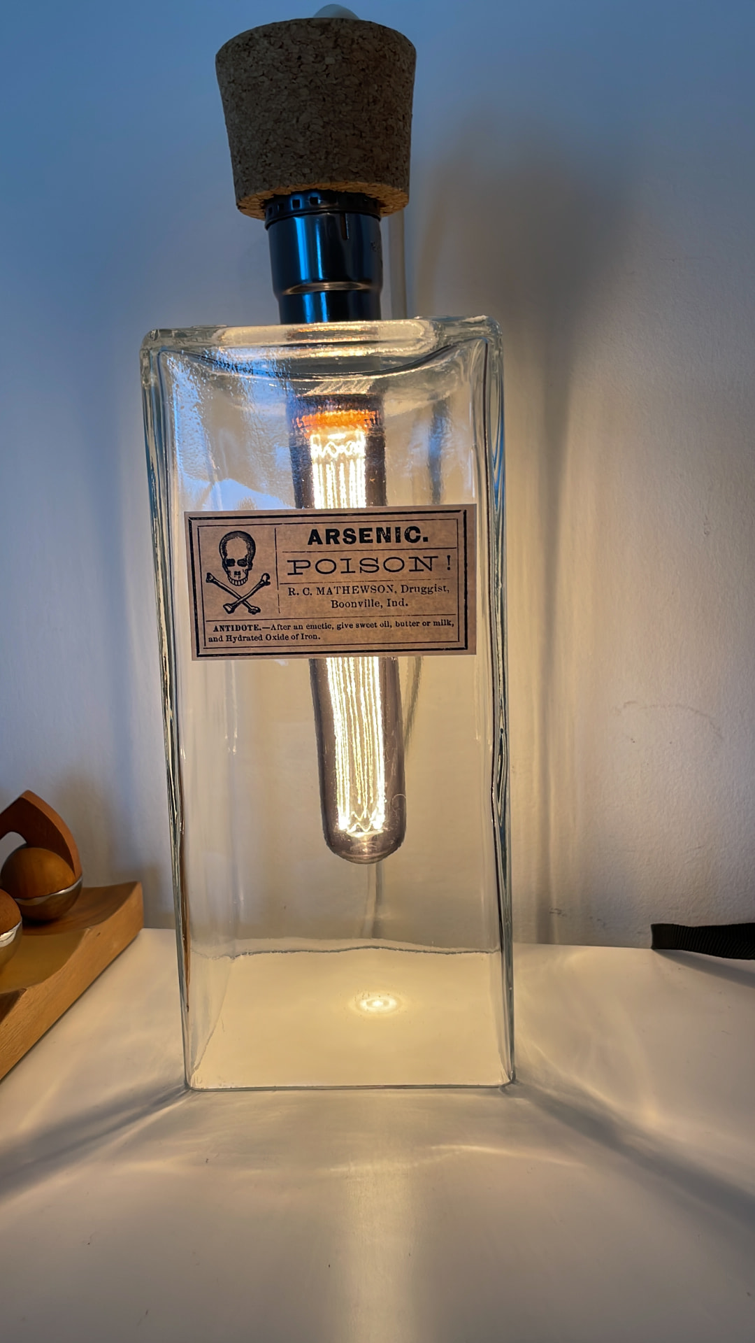 Lamp 01, Upcycled apothecary bottle, cork, brass fitting, Edison filament bulb