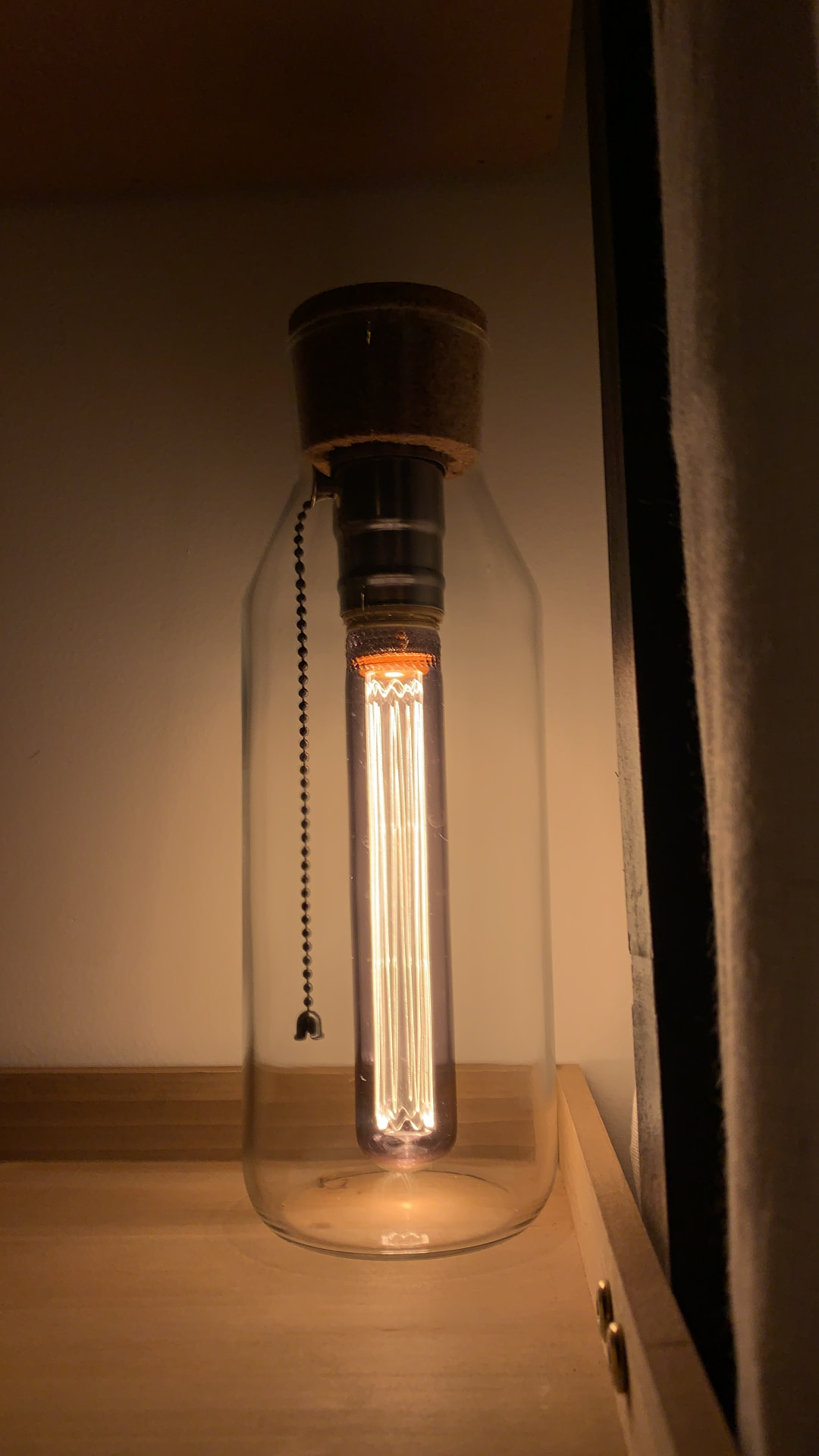 Lamp 02, Upcycled glass bottle, cork, pull-chain socket, Edison filament bulb