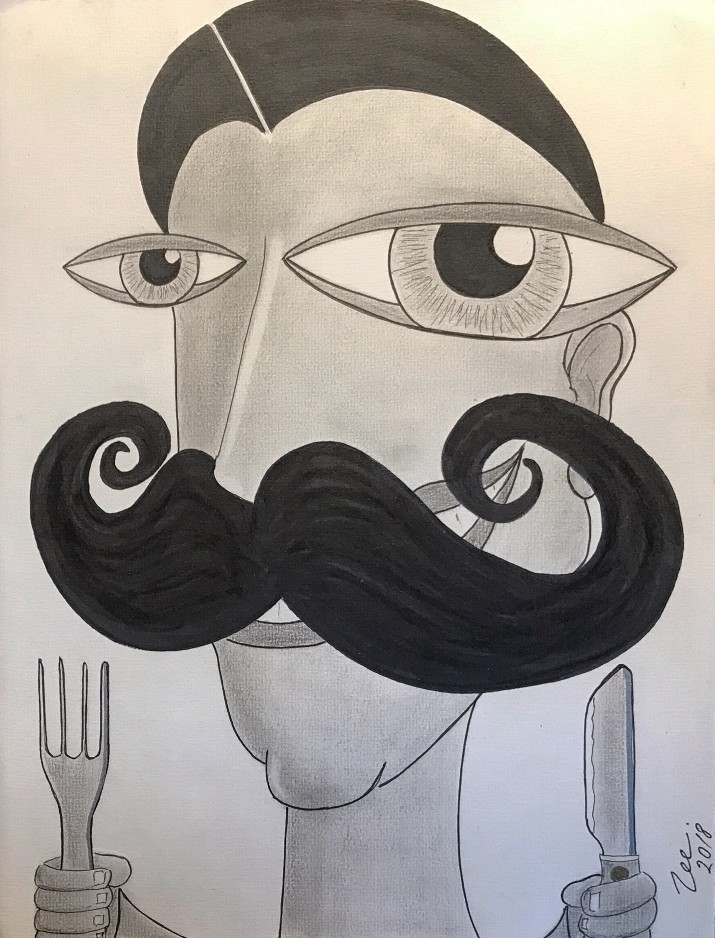 The Moustache Dinner, Graphite and ink on paper