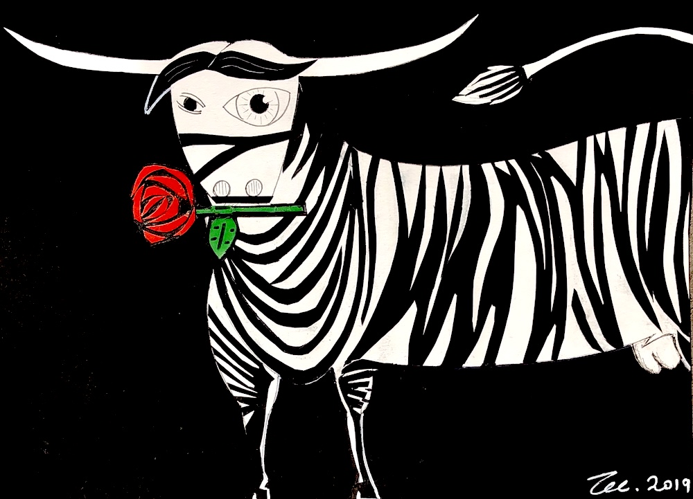 Bull with a Rose, Collage on paper